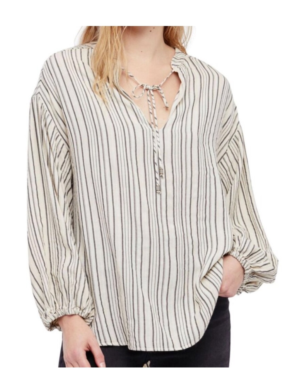 Free People | Rhythm of the Night Tunic Top Bishop Sleeves Cream Gray Medium - Picture 2 of 9